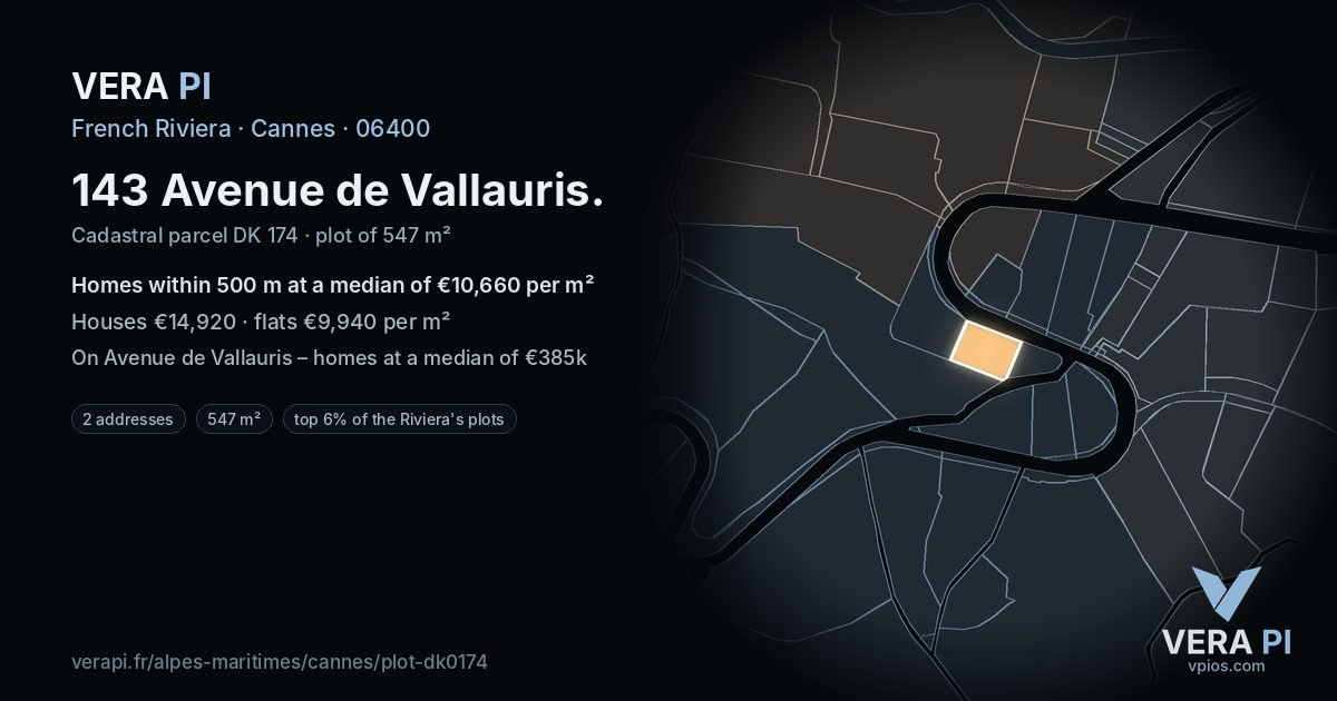143 Avenue de Vallauris, Cannes at night – the plot lit, the parcels around coloured by the prices near them