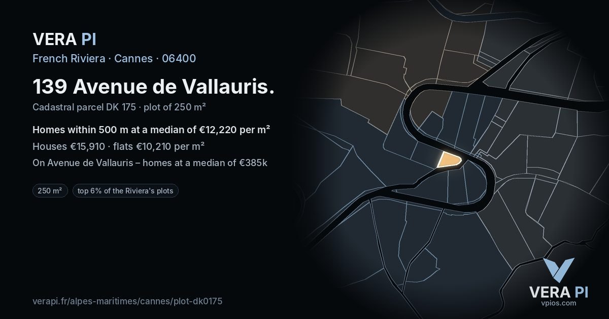 139 Avenue de Vallauris, Cannes at night – the plot lit, the parcels around coloured by the prices near them