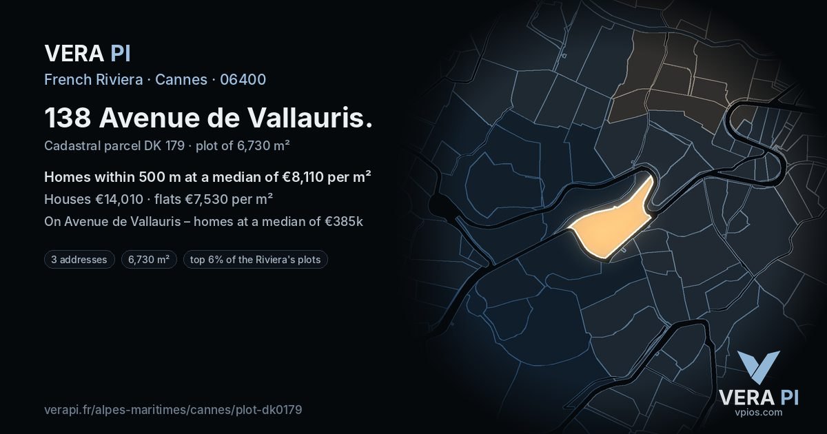 138 Avenue de Vallauris, Cannes at night – the plot lit, the parcels around coloured by the prices near them
