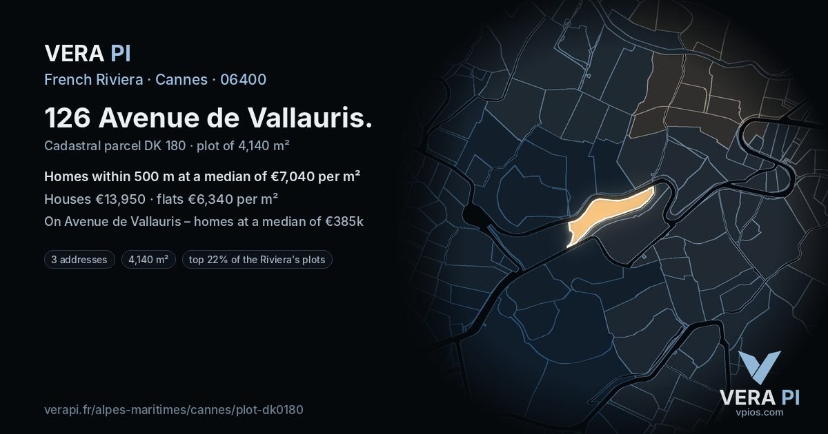 126 Avenue de Vallauris, Cannes at night – the plot lit, the parcels around coloured by the prices near them
