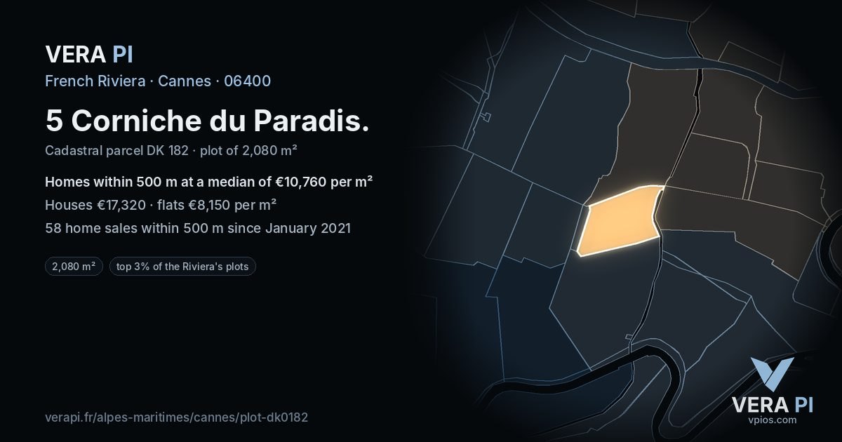 5 Corniche du Paradis, Cannes at night – the plot lit, the parcels around coloured by the prices near them