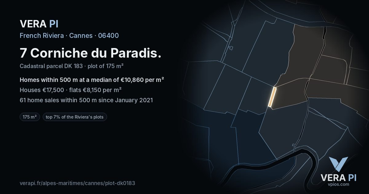 7 Corniche du Paradis, Cannes at night – the plot lit, the parcels around coloured by the prices near them
