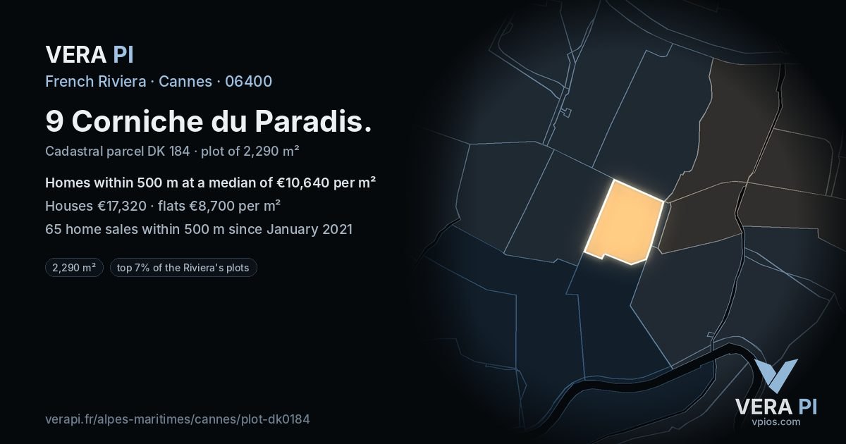 9 Corniche du Paradis, Cannes at night – the plot lit, the parcels around coloured by the prices near them
