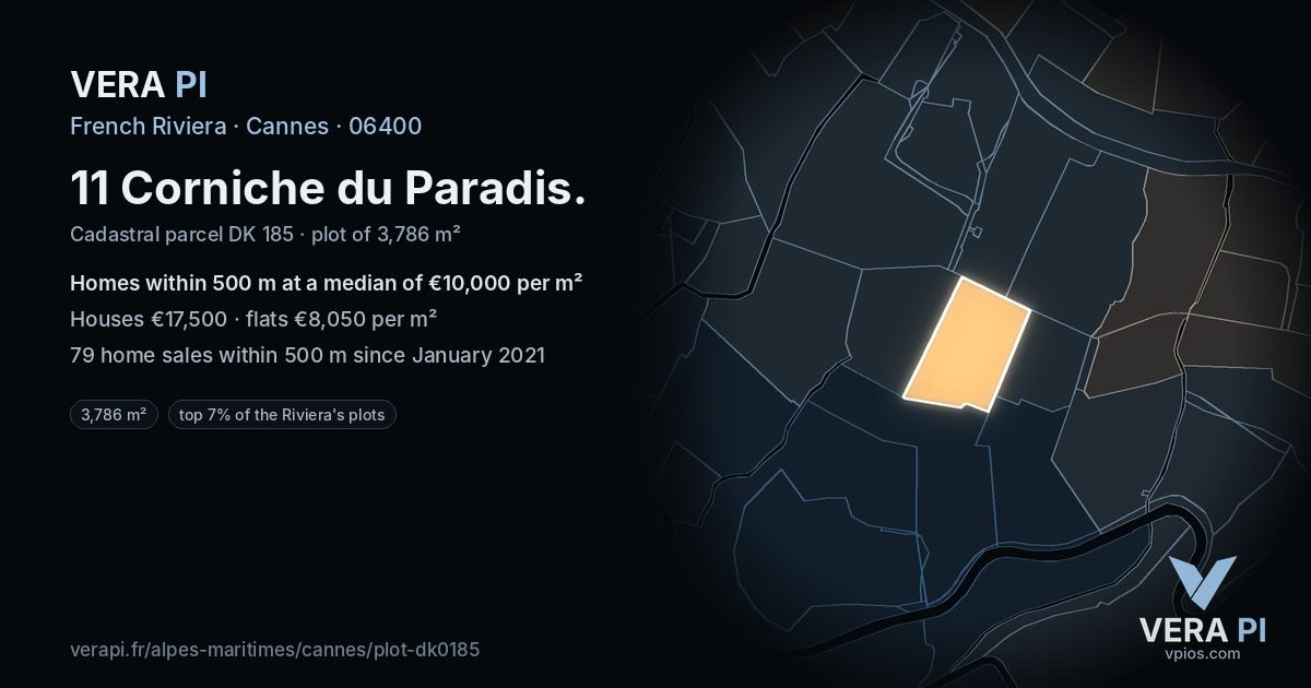 11 Corniche du Paradis, Cannes at night – the plot lit, the parcels around coloured by the prices near them