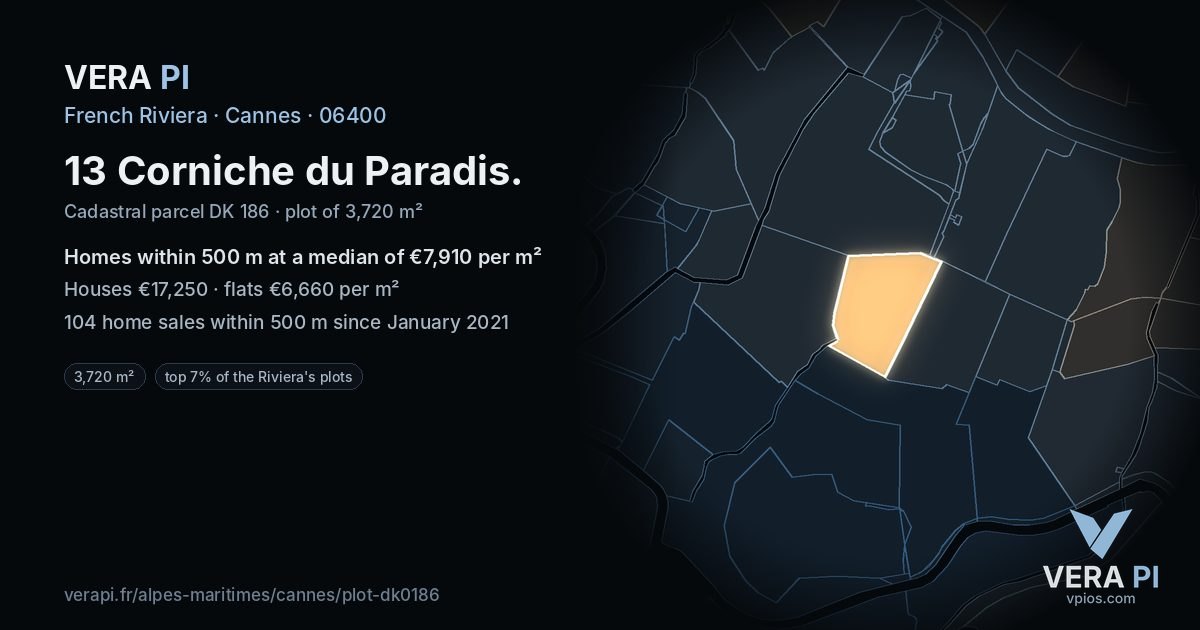 13 Corniche du Paradis, Cannes at night – the plot lit, the parcels around coloured by the prices near them