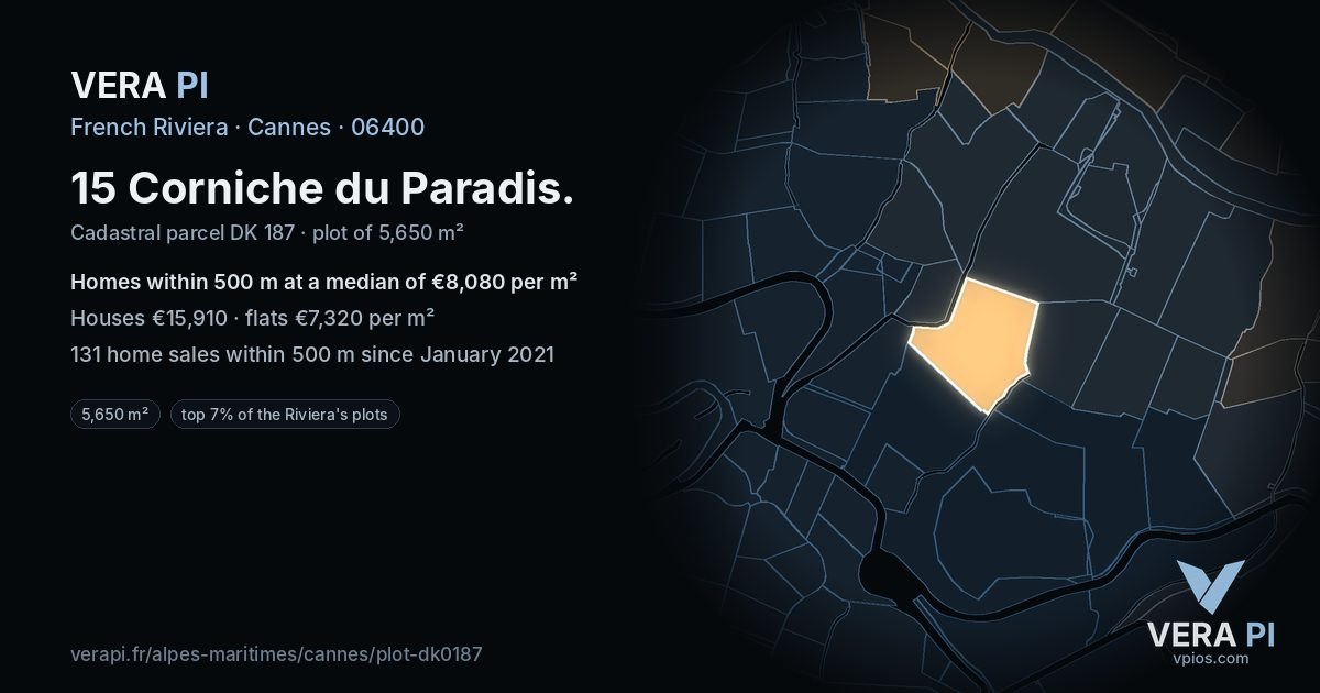 15 Corniche du Paradis, Cannes at night – the plot lit, the parcels around coloured by the prices near them