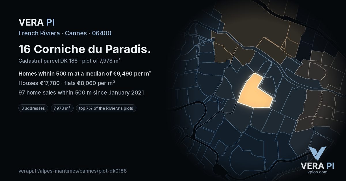 16 Corniche du Paradis, Cannes at night – the plot lit, the parcels around coloured by the prices near them