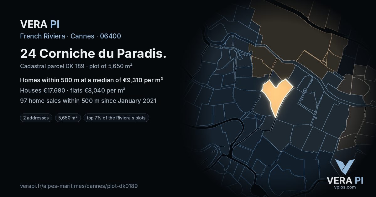 24 Corniche du Paradis, Cannes at night – the plot lit, the parcels around coloured by the prices near them