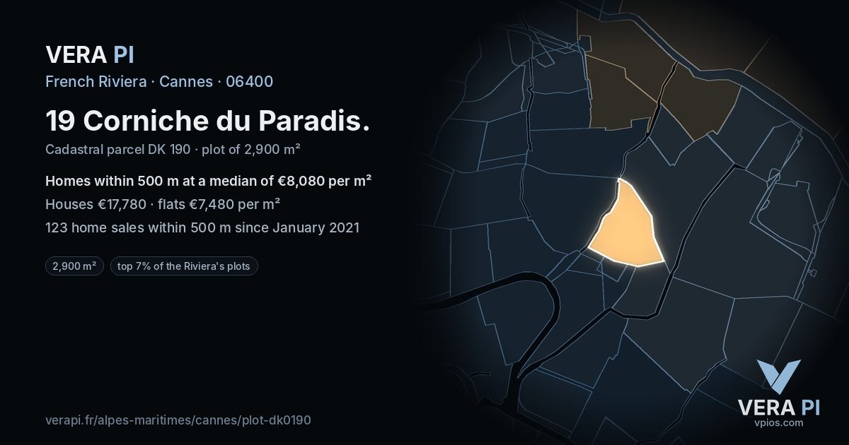 19 Corniche du Paradis, Cannes at night – the plot lit, the parcels around coloured by the prices near them