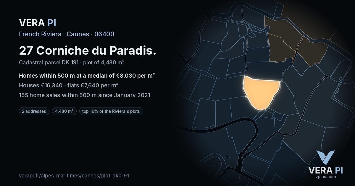 27 Corniche du Paradis, Cannes at night – the plot lit, the parcels around coloured by the prices near them