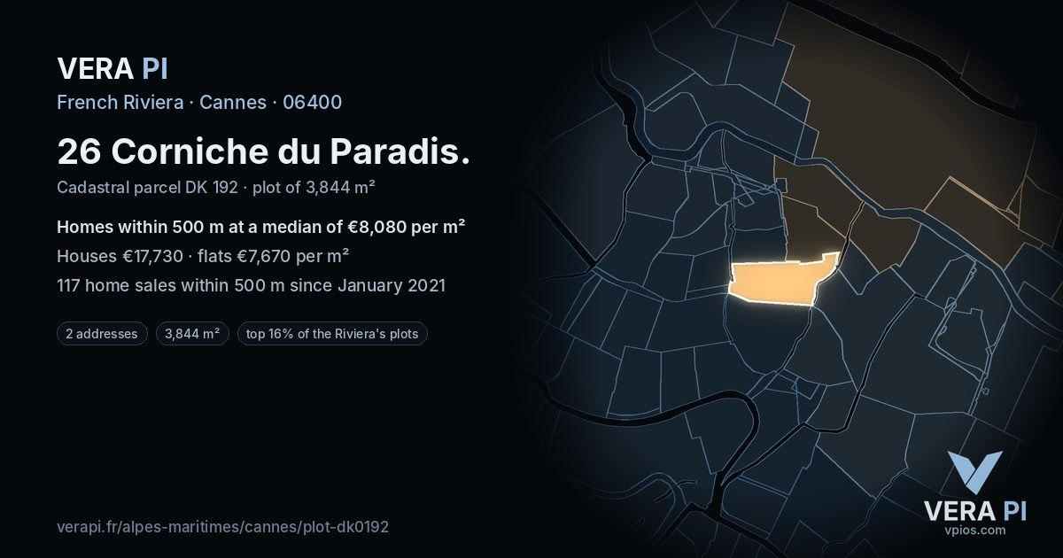 26 Corniche du Paradis, Cannes at night – the plot lit, the parcels around coloured by the prices near them