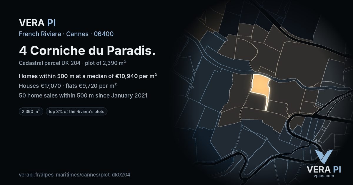 4 Corniche du Paradis, Cannes at night – the plot lit, the parcels around coloured by the prices near them
