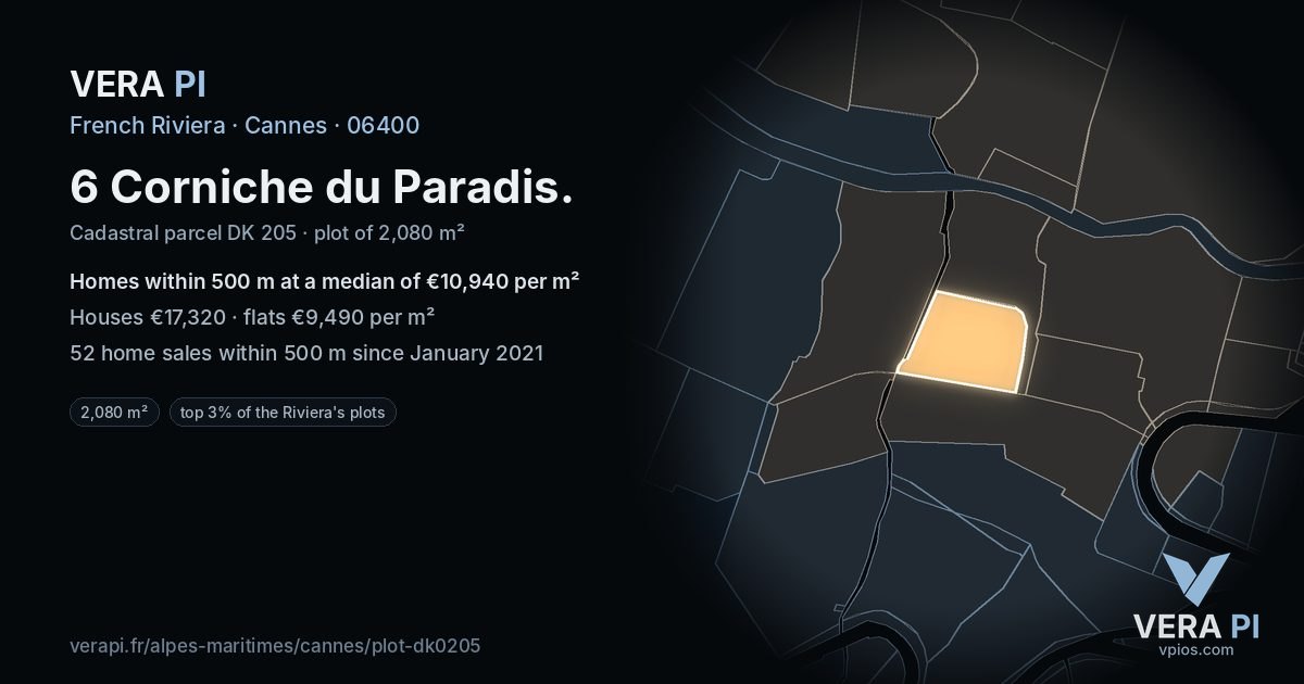 6 Corniche du Paradis, Cannes at night – the plot lit, the parcels around coloured by the prices near them