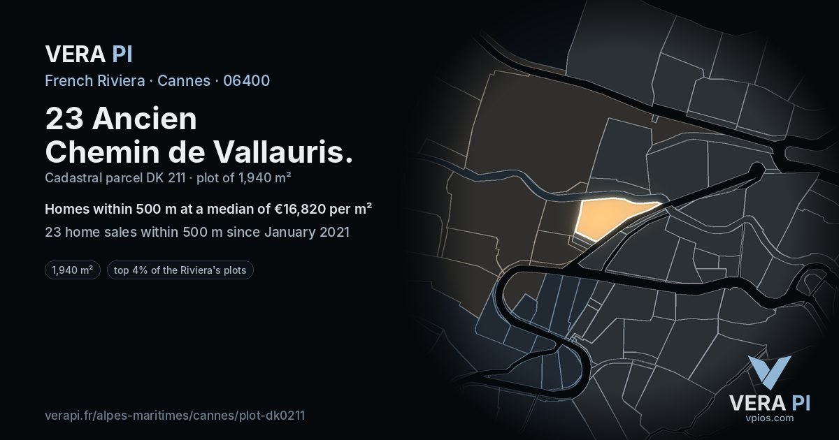 23 Ancien Chemin de Vallauris, Cannes at night – the plot lit, the parcels around coloured by the prices near them