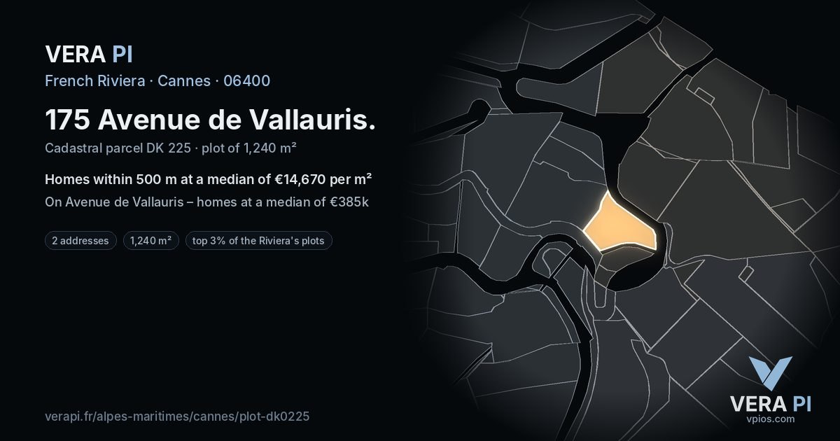 175 Avenue de Vallauris, Cannes at night – the plot lit, the parcels around coloured by the prices near them