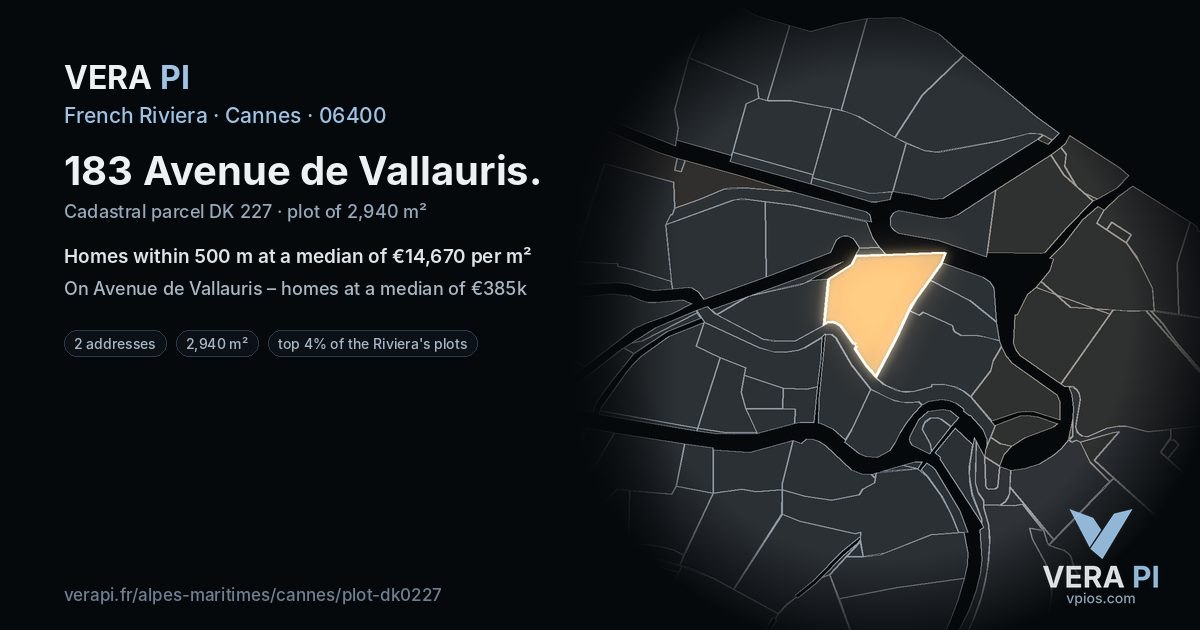183 Avenue de Vallauris, Cannes at night – the plot lit, the parcels around coloured by the prices near them