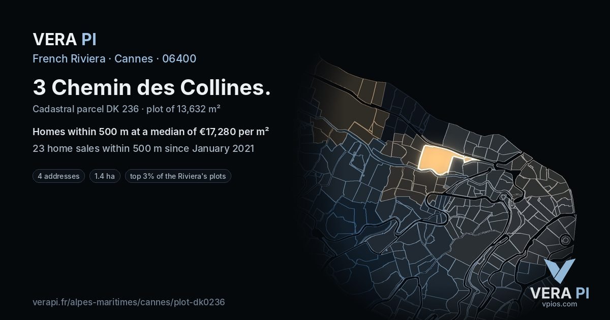 3 Chemin des Collines, Cannes at night – the plot lit, the parcels around coloured by the prices near them
