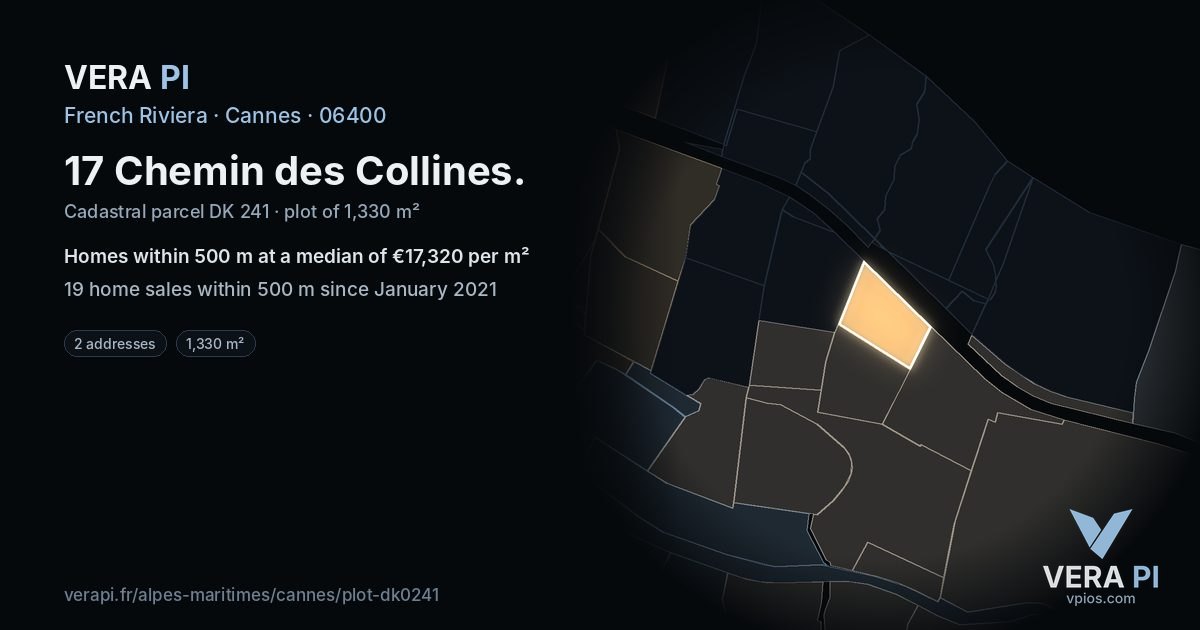 17 Chemin des Collines, Cannes at night – the plot lit, the parcels around coloured by the prices near them