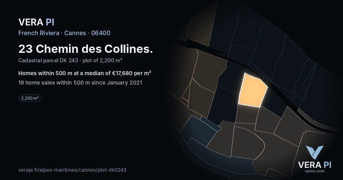 23 Chemin des Collines, Cannes at night – the plot lit, the parcels around coloured by the prices near them