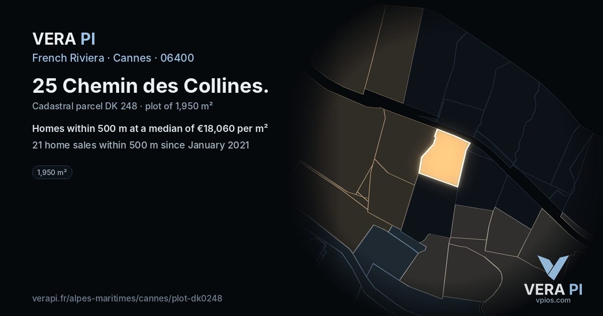 25 Chemin des Collines, Cannes at night – the plot lit, the parcels around coloured by the prices near them