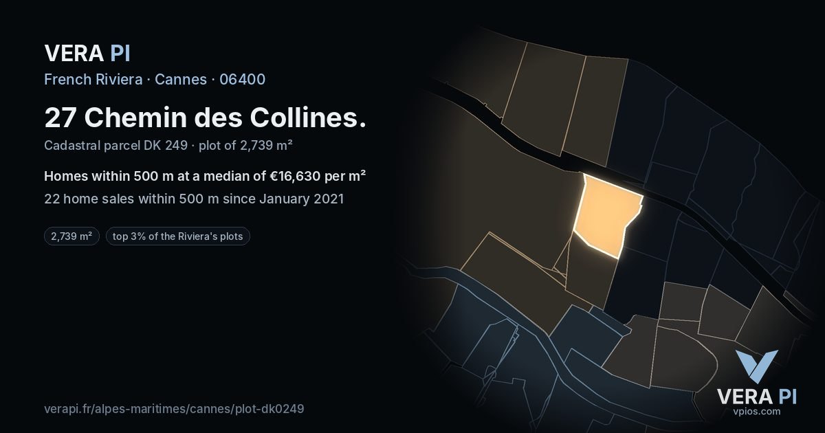 27 Chemin des Collines, Cannes at night – the plot lit, the parcels around coloured by the prices near them