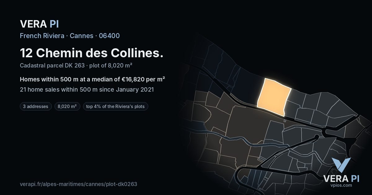 12 Chemin des Collines, Cannes at night – the plot lit, the parcels around coloured by the prices near them