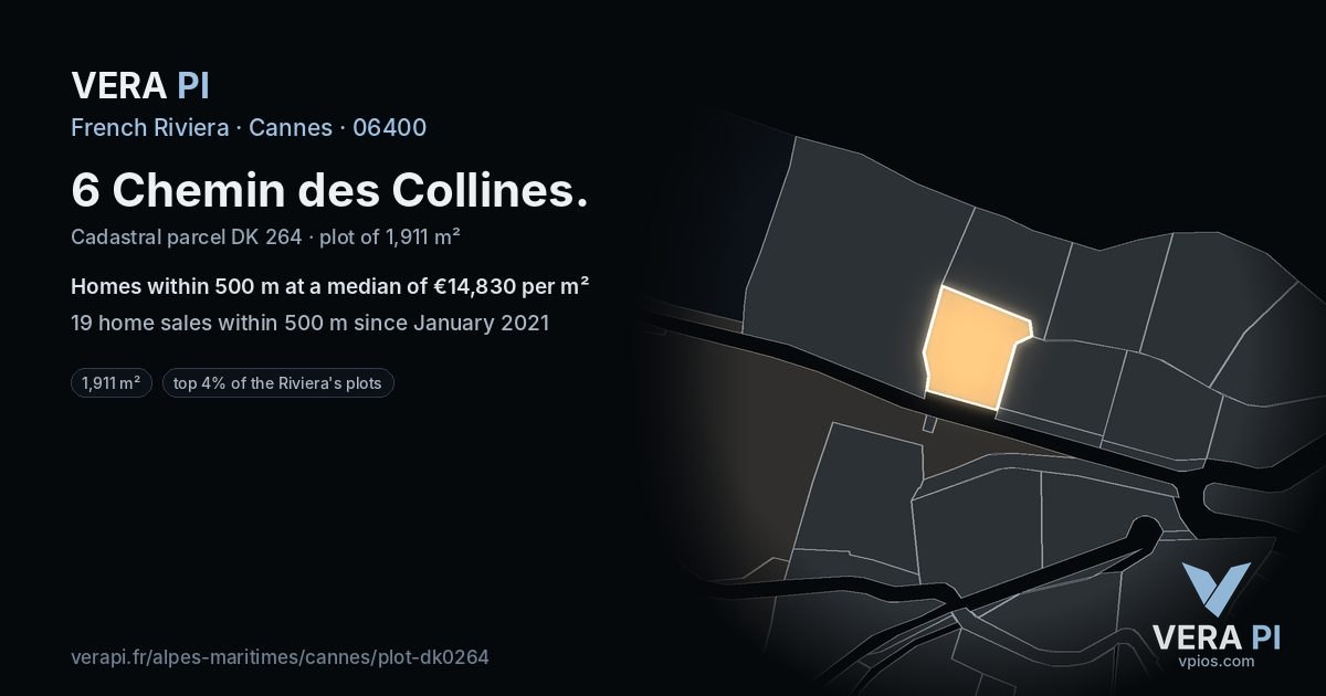 6 Chemin des Collines, Cannes at night – the plot lit, the parcels around coloured by the prices near them