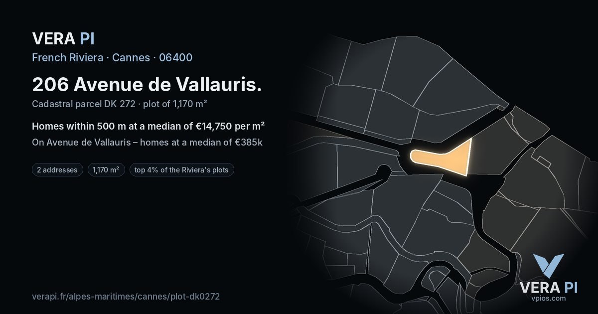 206 Avenue de Vallauris, Cannes at night – the plot lit, the parcels around coloured by the prices near them