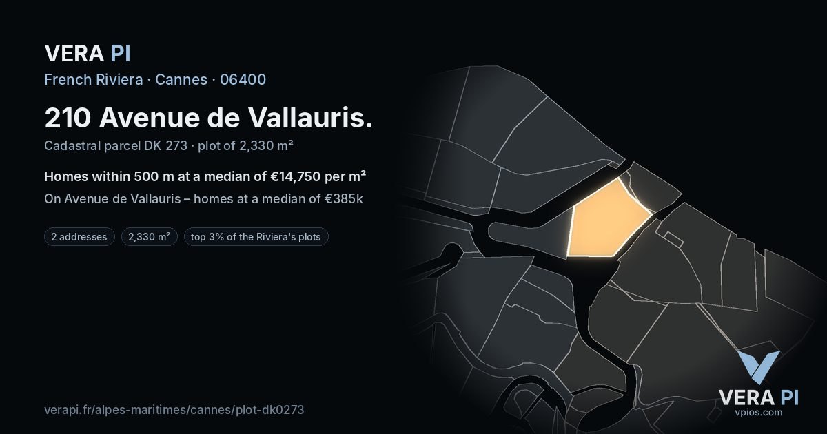 210 Avenue de Vallauris, Cannes at night – the plot lit, the parcels around coloured by the prices near them