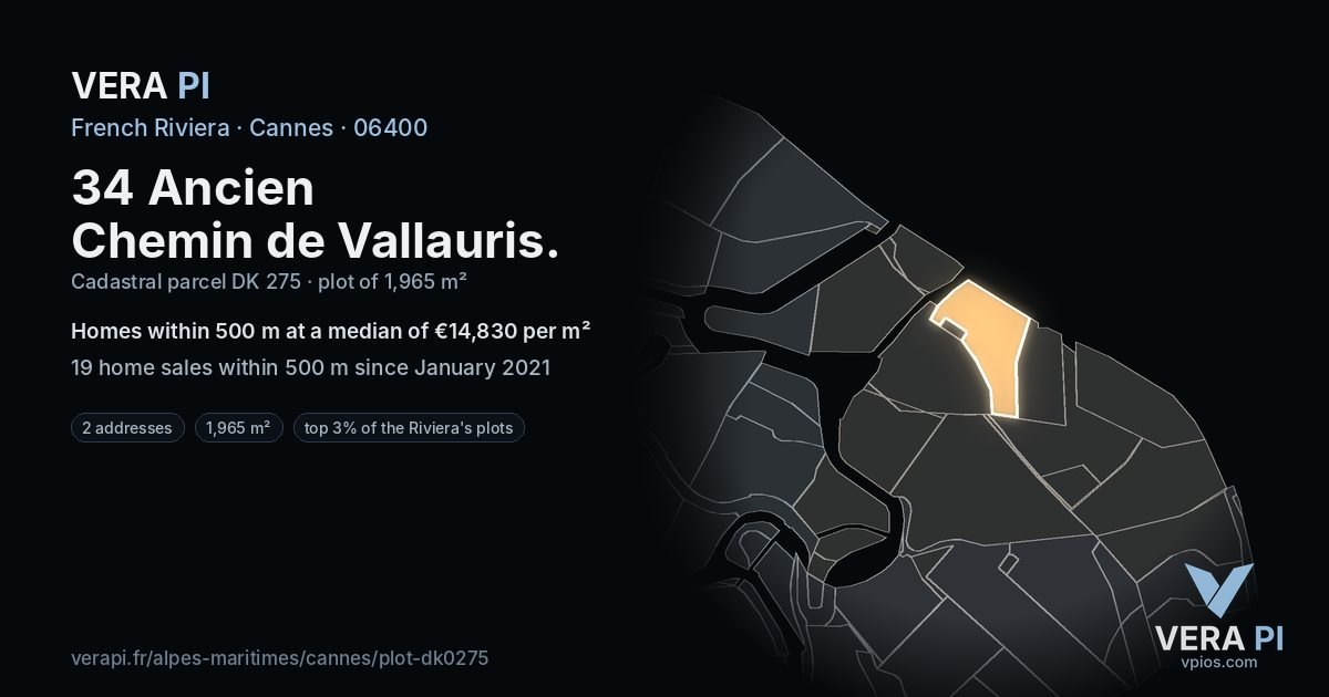 34 Ancien Chemin de Vallauris, Cannes at night – the plot lit, the parcels around coloured by the prices near them