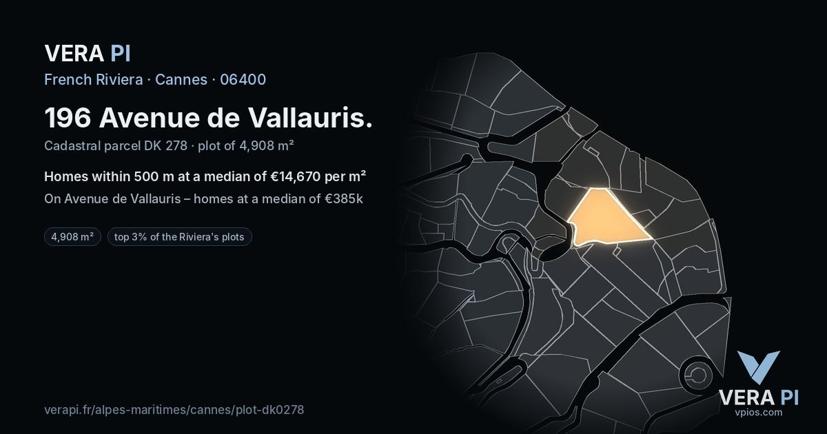196 Avenue de Vallauris, Cannes at night – the plot lit, the parcels around coloured by the prices near them