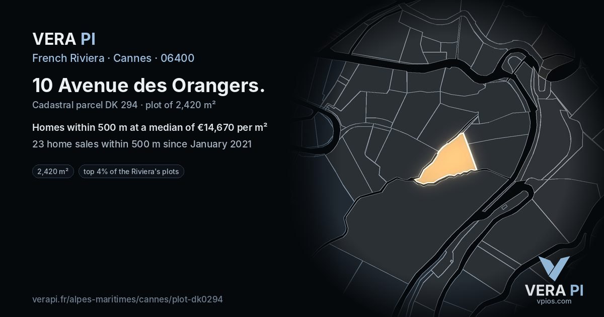 10 Avenue des Orangers, Cannes at night – the plot lit, the parcels around coloured by the prices near them