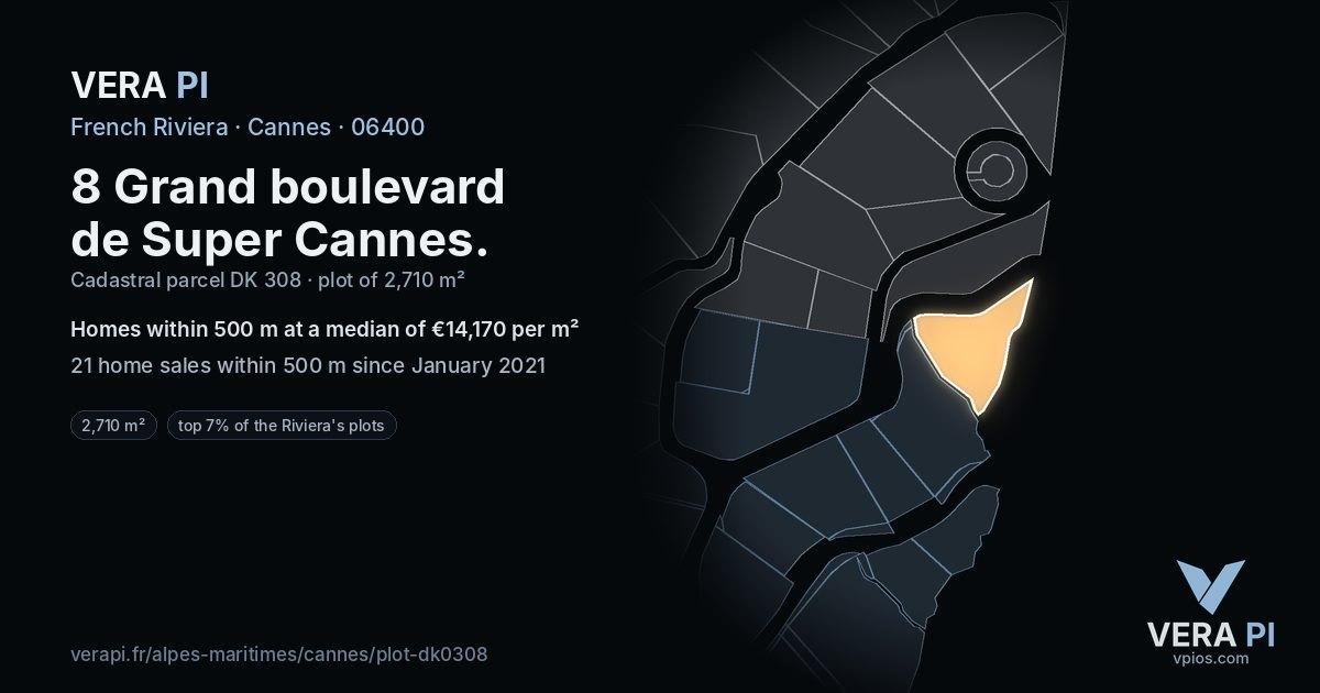8 Grand boulevard de Super Cannes, Cannes at night – the plot lit, the parcels around coloured by the prices near them