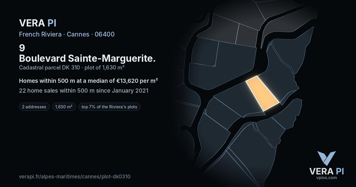 9 Boulevard Sainte-Marguerite, Cannes at night – the plot lit, the parcels around coloured by the prices near them