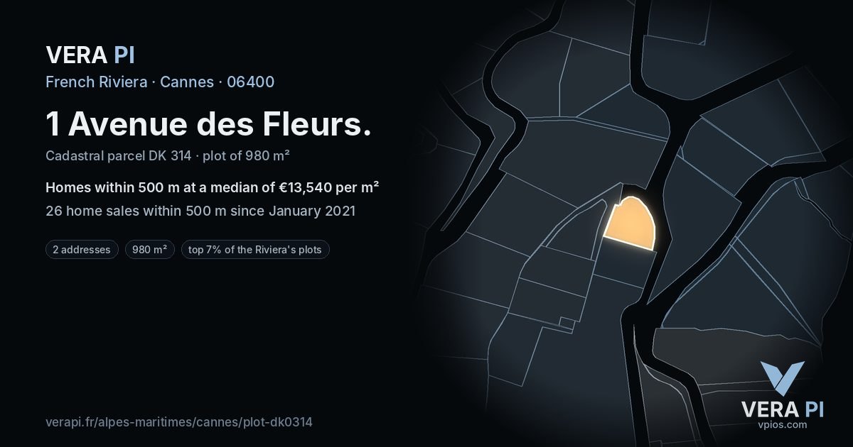 1 Avenue des Fleurs, Cannes at night – the plot lit, the parcels around coloured by the prices near them