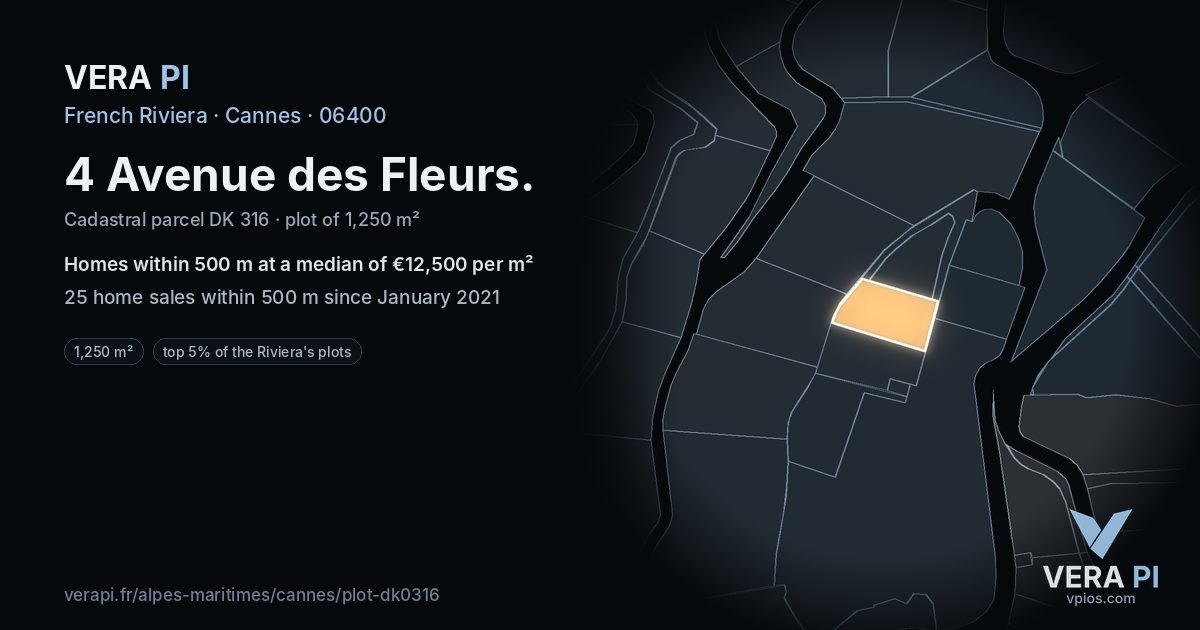 4 Avenue des Fleurs, Cannes at night – the plot lit, the parcels around coloured by the prices near them