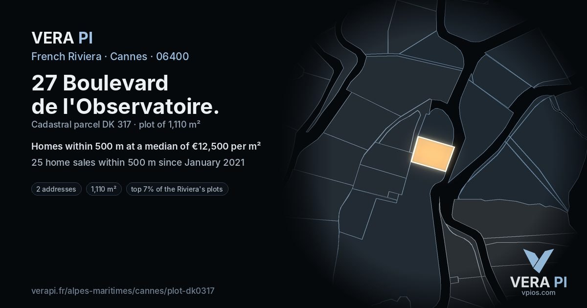 27 Boulevard de l'Observatoire, Cannes at night – the plot lit, the parcels around coloured by the prices near them