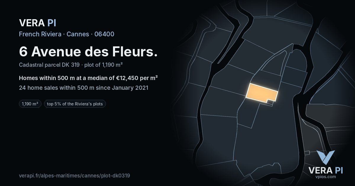 6 Avenue des Fleurs, Cannes at night – the plot lit, the parcels around coloured by the prices near them