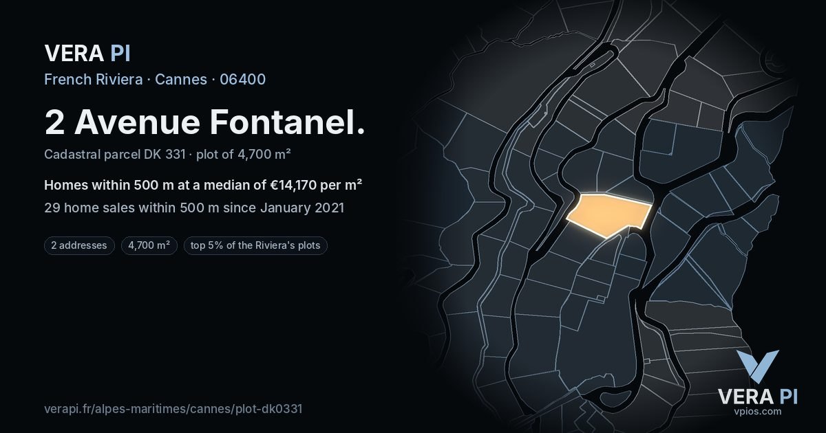 2 Avenue Fontanel, Cannes at night – the plot lit, the parcels around coloured by the prices near them