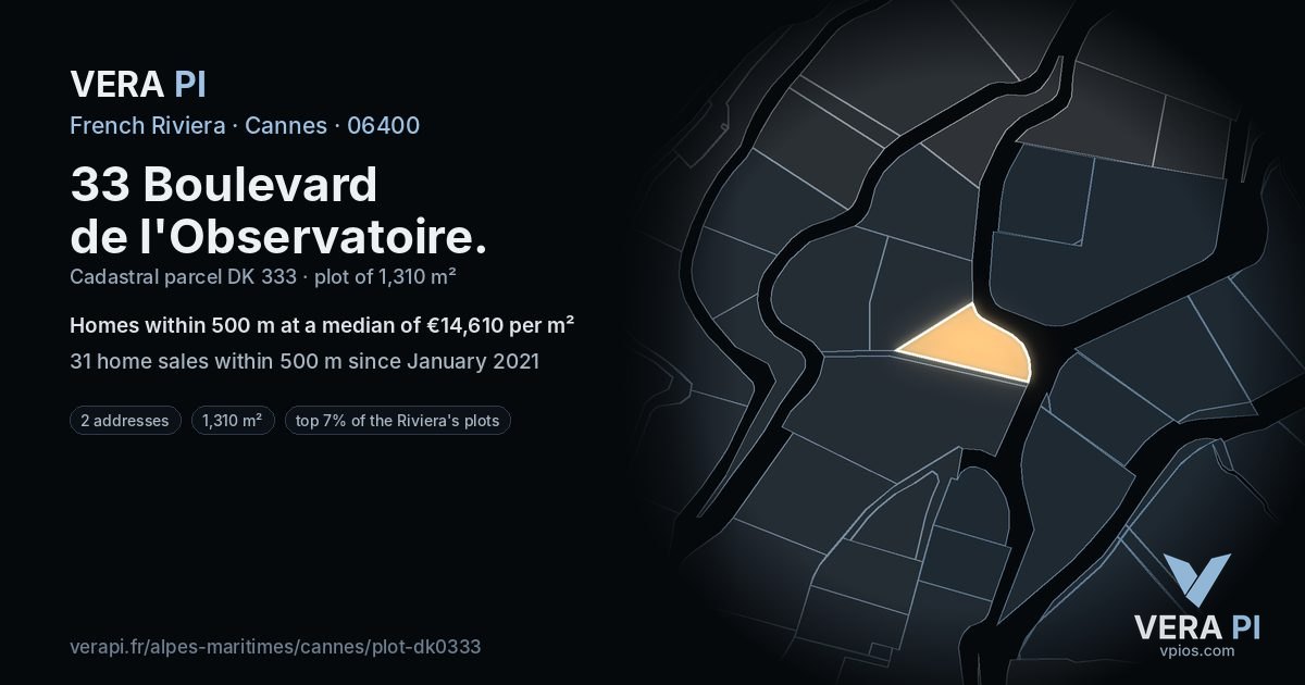 33 Boulevard de l'Observatoire, Cannes at night – the plot lit, the parcels around coloured by the prices near them