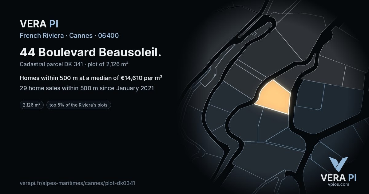 44 Boulevard Beausoleil, Cannes at night – the plot lit, the parcels around coloured by the prices near them