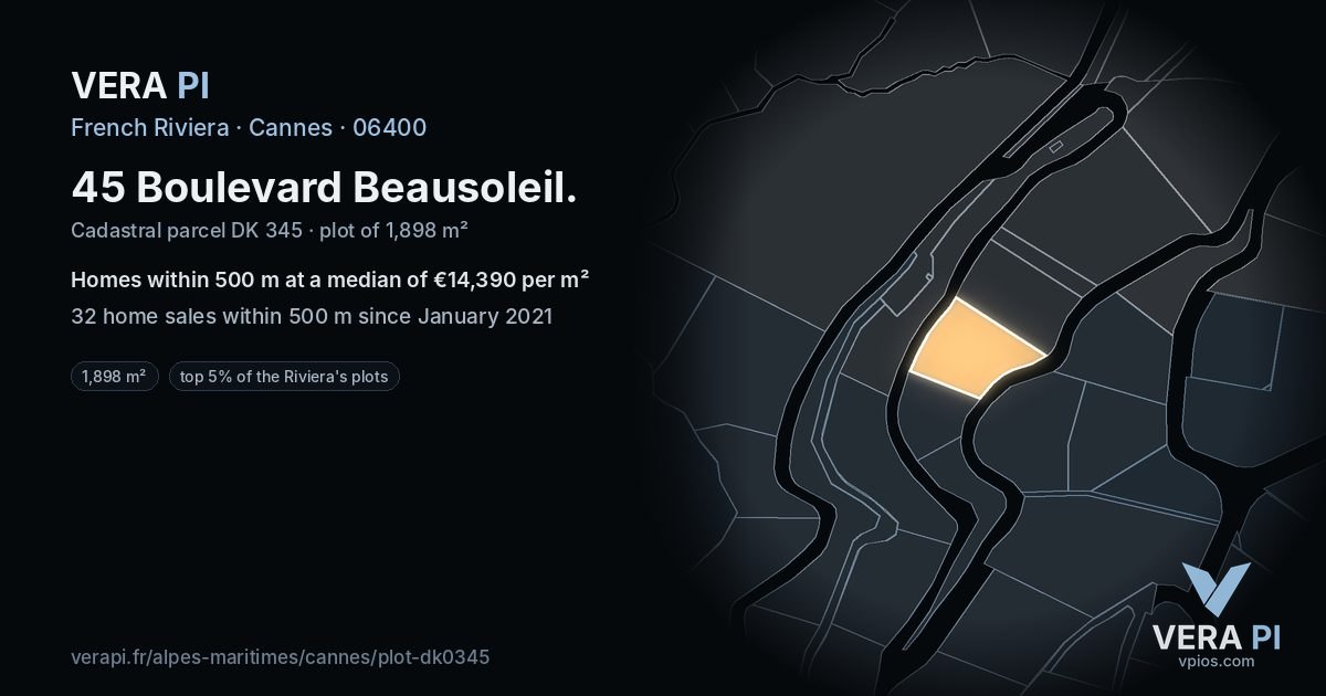 45 Boulevard Beausoleil, Cannes at night – the plot lit, the parcels around coloured by the prices near them