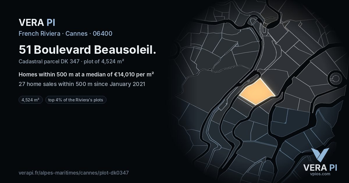 51 Boulevard Beausoleil, Cannes at night – the plot lit, the parcels around coloured by the prices near them