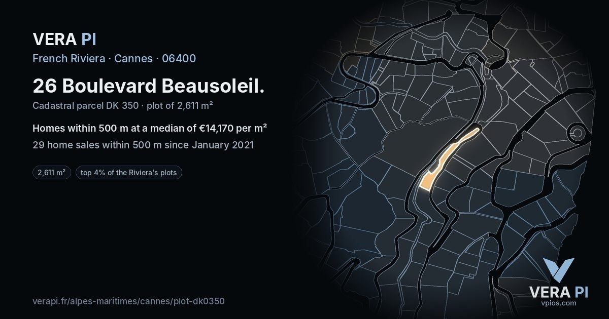 26 Boulevard Beausoleil, Cannes at night – the plot lit, the parcels around coloured by the prices near them