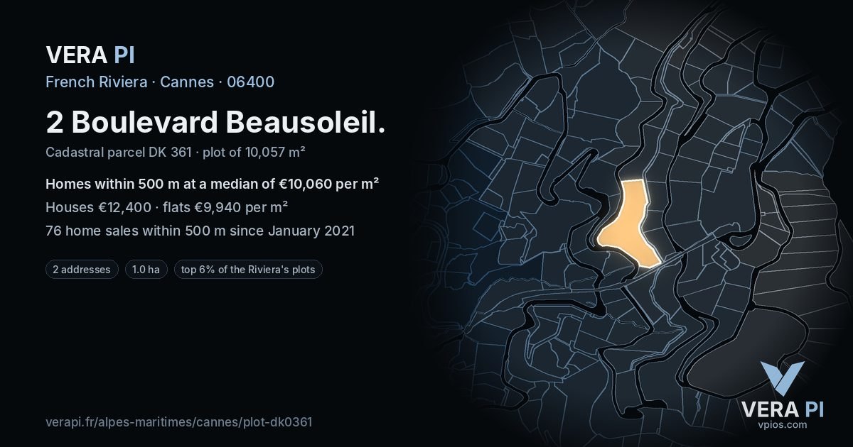 2 Boulevard Beausoleil, Cannes at night – the plot lit, the parcels around coloured by the prices near them