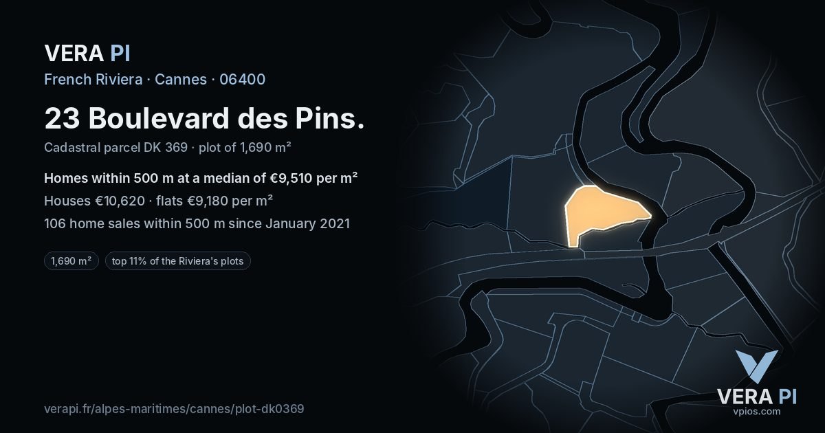 23 Boulevard des Pins, Cannes at night – the plot lit, the parcels around coloured by the prices near them