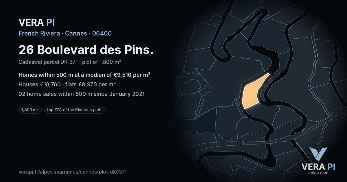 26 Boulevard des Pins, Cannes at night – the plot lit, the parcels around coloured by the prices near them
