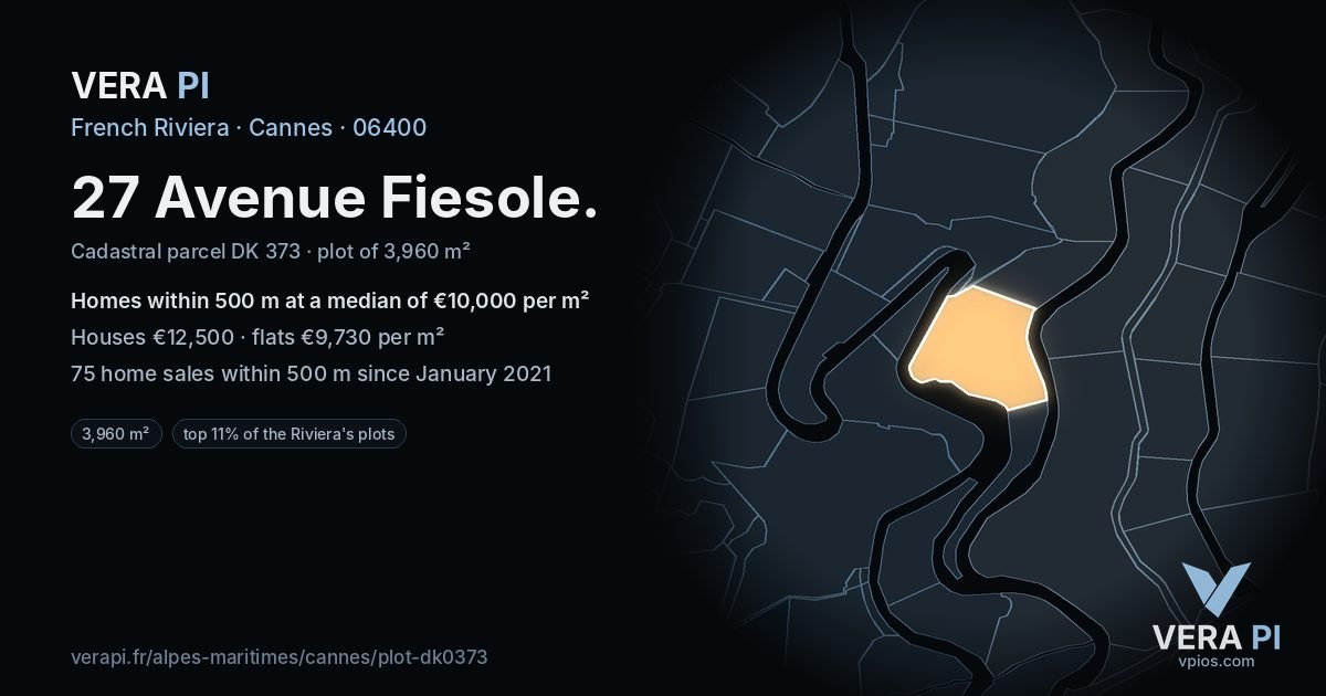 27 Avenue Fiesole, Cannes at night – the plot lit, the parcels around coloured by the prices near them