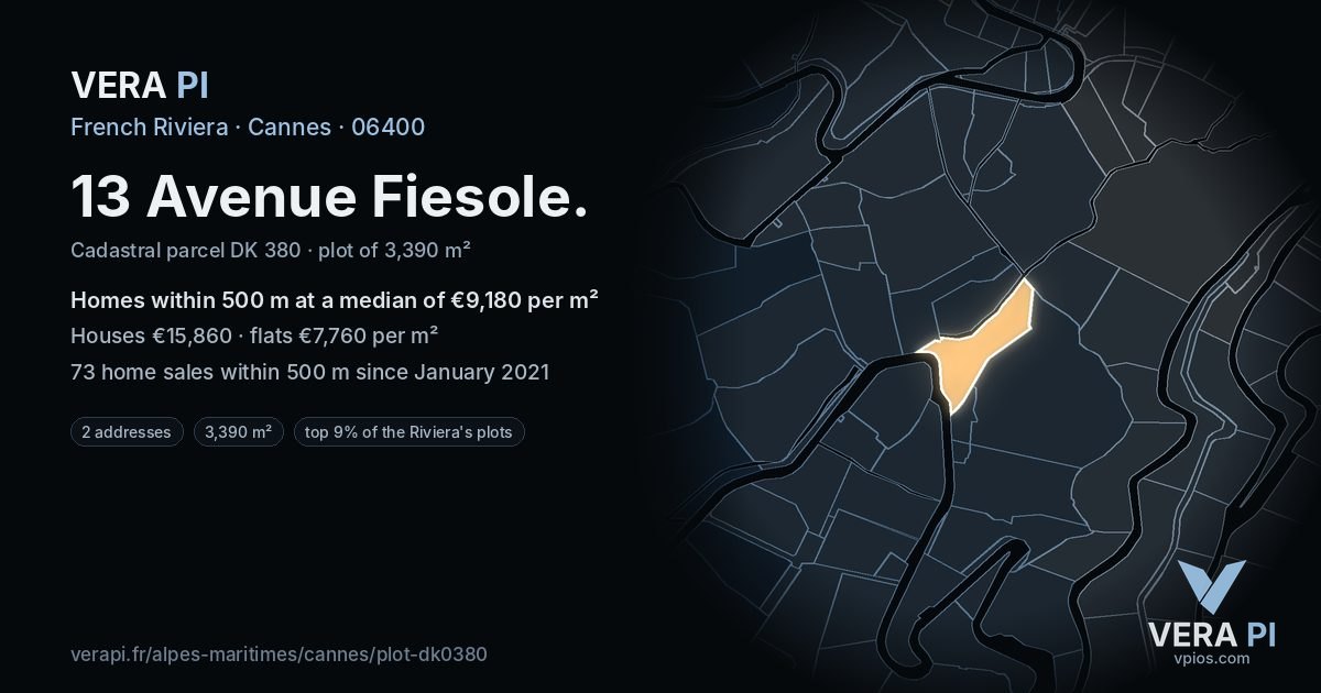 13 Avenue Fiesole, Cannes at night – the plot lit, the parcels around coloured by the prices near them