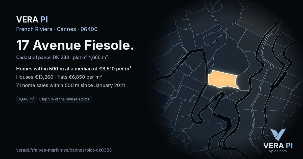 17 Avenue Fiesole, Cannes at night – the plot lit, the parcels around coloured by the prices near them